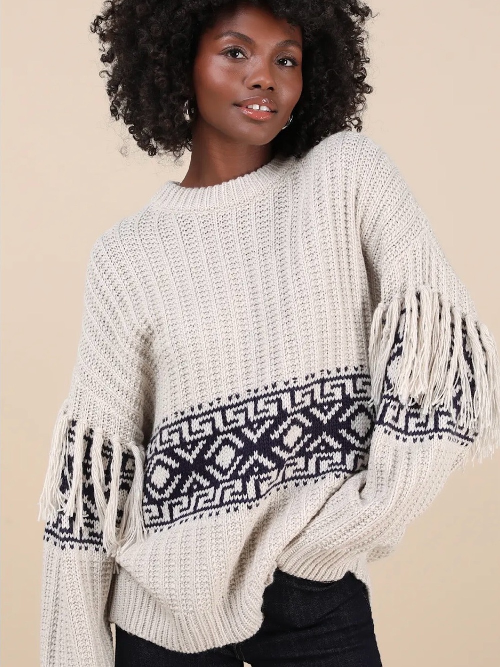 Dex Cream Fringe Sweater with Navy Fair Isle Band
